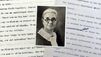 A small black and white photograph of Tillie Tamaree lies atop two typed autobiographical essays she wrote in 1948.