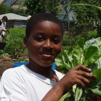 Boys in garden holding green leafy vegetables in southern Chicago