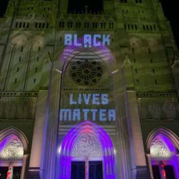 Black Lives Matter National Cathedral with purple lighting