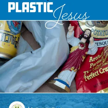 Plastic Jesus statue, potato chip bag, soda can