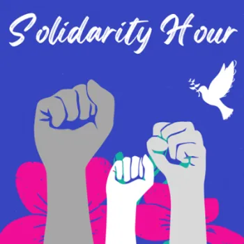 Solidarity Hour Logo-diverse ethnicities fists raised in air