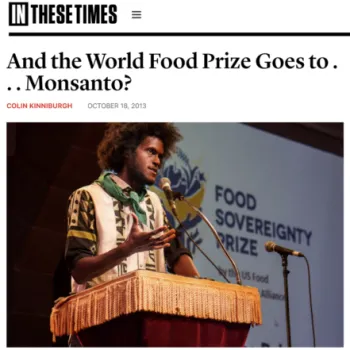 In These Times newsarticle-And the World Food Prize Goes to...Monsanto?-image of man standing in front of podium