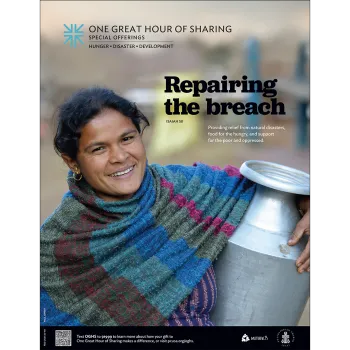 A photo of a woman holding a water jug. The One Great Hour of Sharing logo and the words in black read, "Repairing the Breach Isaiah 58."