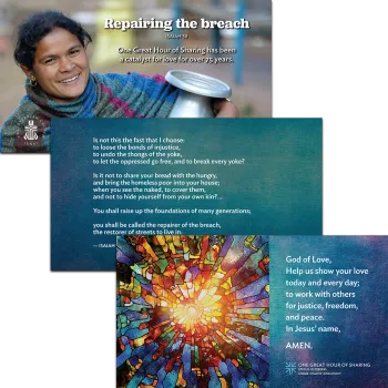 Three PowerPoint slides. One with a photo of a woman carrying a water jug. Another with a teal background and white text. The final has a rainbow colored fractal image and white text on a teal background. 