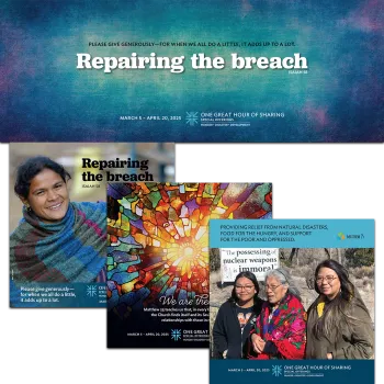 A Facebook Cover image featuring a teal and purple background with the words in white that read "Repairing the Breach Isaiah 58." Three other social media posts. 