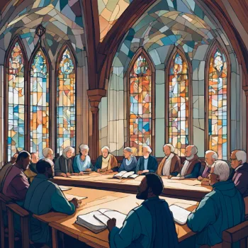 Illustration of people gathering for a meeting in a church - AI Generated