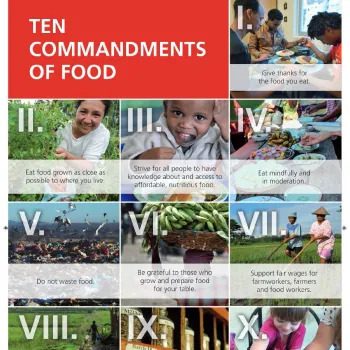 Ten Commandments of Food red background white letters-people praying around table, garden, little boy spoon in mouth, table with food