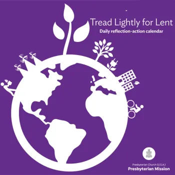 Tread Lightly for Lent 2024 calendar purple background with white lettering on globe with houses, trees, buildings, windmills, bicylist