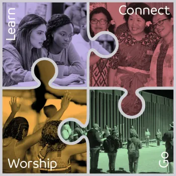 Four puzzle pieces hook together-two young women looking at computer screen, three women smiling, two women with arms raised in worship, people gather at the US/Mexico border wall praying holding crosses