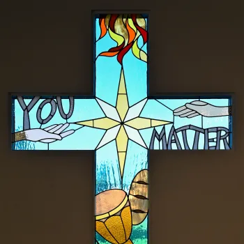 Stained glass cross at New Hope Presbyterian Church in Anaheim, CA. 