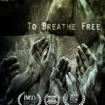 The poster of "To Breathe Free" shows a statue of hands reaching up