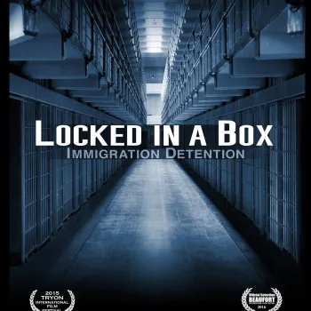 The poster for "Locked In A Box" depicts the inside of a detention center with rows of jail cells on the left and right