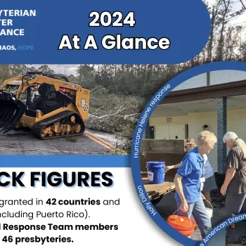 A screenshot of a portion of the report features a photo of a bulldozer clearing trees and volunteers moving supplies