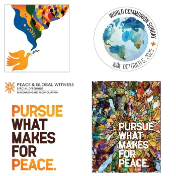 The logo for the Peace &amp; Global Witness Offering, the main dove image used in the poster, block text for the image theme, and a World Communion Sunday logo which are all part of the Media Tool Kit. 