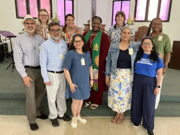 The Rev. CeCe Armstrong, Co-Moderator of the 226th General Assembly (center), stands with staff members of Presbyterian Life &amp; Witness who attended the SOAP-APCE event. (Photo by Cheryl Carson) Sandra Miranda Duverge, associate for Financial Aid for Service, said the gathering was marked by warmth and attention to detail.