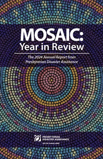 A screenshot of the cover of Mosaic 2024, the annual report from Presbyterian Disaster Assistance. The cover features colorful tiles to make the image of a mosaic.