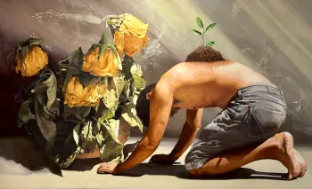 Jade Rivera oil painting of boy bowing before large yellow flowers and soil and a new plant growing on his back 