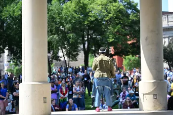 Debra Gillispie, survivor of gun violence and founder of Mothers Against Gun Violence, speaks to the participants of Healing Not Harm: A Walk to End Gun Violence on June 27, 2026. 