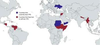 This image shows a map of the world with countries highlighted in blue and red. Blue countries (El Salvador, Ukraine, Sudan, Yemen and Lebanon) have TPS, and red countries (Honduras, Nicaragua, Haiti, Venezuela, South Sudan, Ethiopia, Syria, Somalia, Nepal and Myanmar) will lose TPS