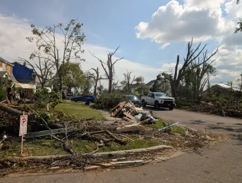 The image shows tornado damage in Wisconsin