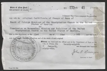 Certificate of name change for the Commission on Ecumenical Mission and Relations, previously the Board of Foreign Missions.