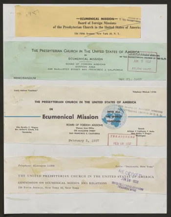 Various letterheads of the Commission on Ecumenical Mission and Relations and the Board of Foreign Missions.