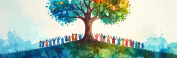 AI Generated image of watercolor painting of the tree of knowledge with people standing around it. 