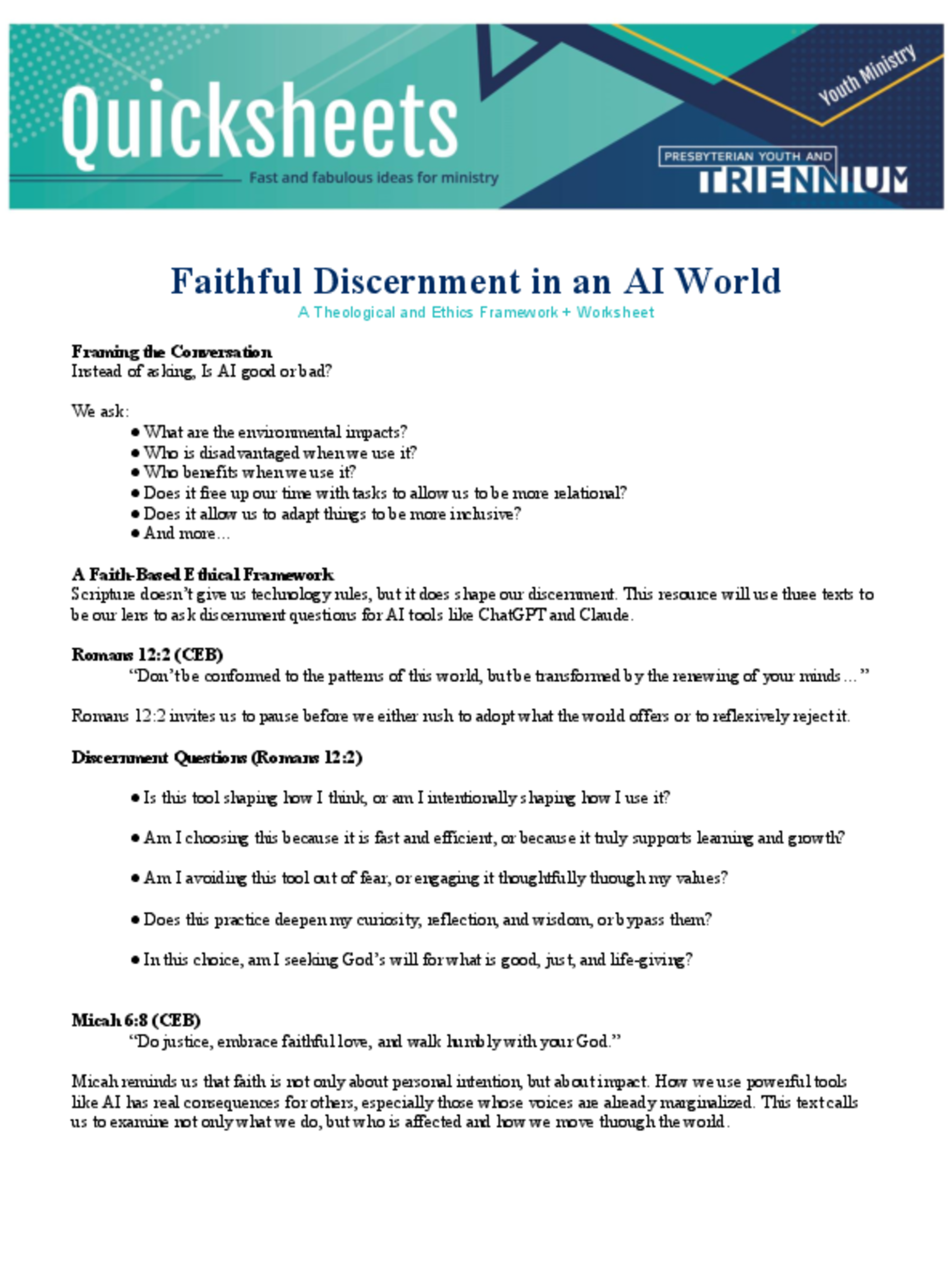 Quicksheets #121 - Faithful Discernment in an AI World