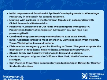 The response report from Presbyterian Disaster Assistance is a non-comprehensive report of activities from that month that may not receive news coverage