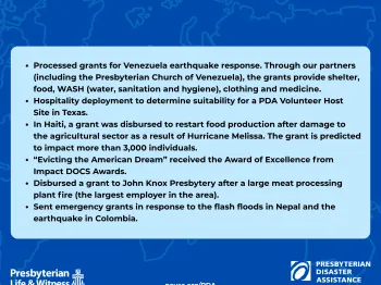 The response report from Presbyterian Disaster Assistance is a non-comprehensive report of activities from that month that may not receive news coverage