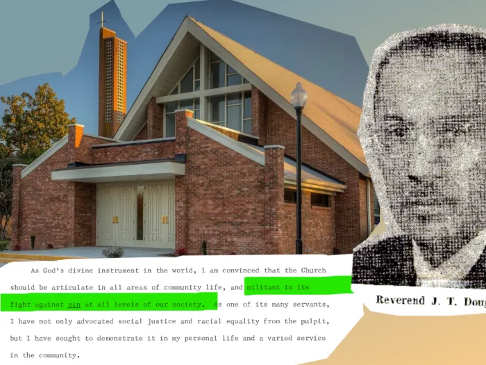collage of St James Presbyterian Church, Julius Douglas, and his theological statement