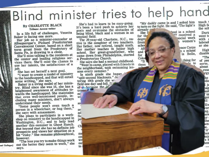 Rev. Venetta Baker in a news clipping from 1985, and at the pulpit in the 2010s