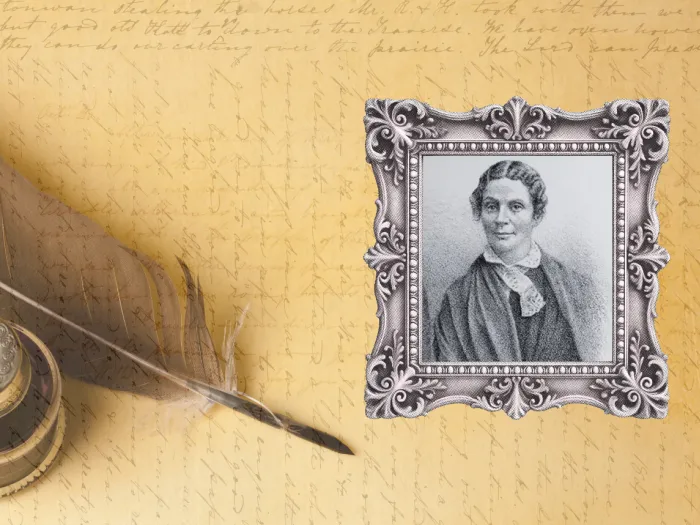 A black gilded frame presents a sketch portrait of Mary Riggs. To the left is an image of a quill pen.