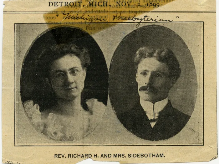 Portrait photographs of Effie and Richard Sidebotham in the newspaper.