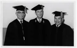 Photograph of Corbett (right) receiving an honorary Doctor of Divinity degree from Huron College, South Dakota, June 1968.