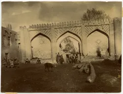 A sepia-toned photograph of an outdoor scene in Iran. 1892 to 1918. 