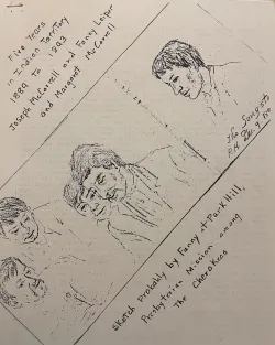 A piece of paper with a sketch of five men, and the title "Five years in Indian Territory 1889 - 1893.