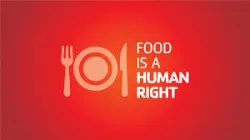 Red background with a fork, plate, knife and "Food is a Human Right"
