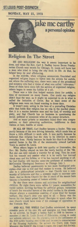 “Jake McCarthy: a personal opinion—Religion In The Street,” St. Louis Post-Dispatch, May 21, 1973.