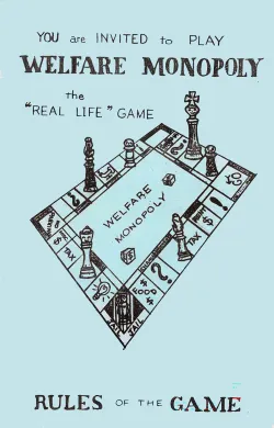 Cover illustration of the Rule Book for Welfare Monopoly, 1969.