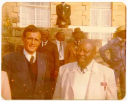 Rev. Dave Miller (left) with Prime Minister of Lesotho Leabua Jonathan (right), circa 1980.