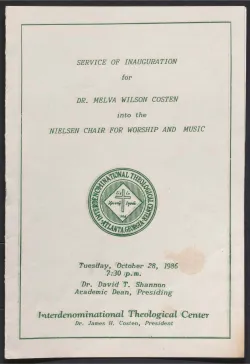 Front cover of the program for the inauguration service for Dr. Melva Wilson Costen into the Nielsen Chair for Worship and Music at the Interdenominational Theological Center, October 28, 1986.