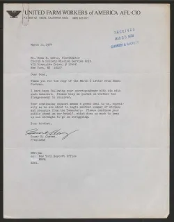 Letter from Cesar Chavez to Dean H. Lewis, March 21, 1974.