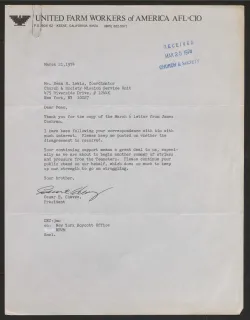 A March 21, 1974 letter from labor activist Cesar Chavez and a January 24, 1974 letter from James J. Cochran of the Presbyterian Lay Committee.