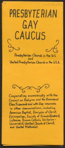Front cover of handwritten Presbyterian Gay Caucus brochure, circa 1974-1975.